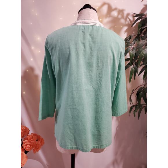 Talbots Womens Embroidered 100% Cotton Peasant Top Size MP Green Boho Hippie - Picture 5 of 9